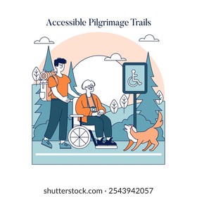 Accessible Pilgrimage Trails concept. An inclusive spiritual journey with a wheelchair-bound elder and companion in nature. Vector illustration.