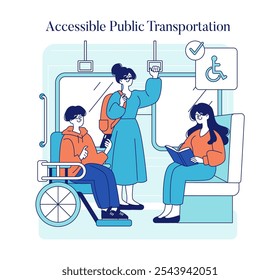 Conceito de transporte público acessível. Ilustrando viagens inclusivas com espaço para cadeira de rodas em um ônibus. Conforto e igualdade nos deslocamentos urbanos. Ilustração vetorial.