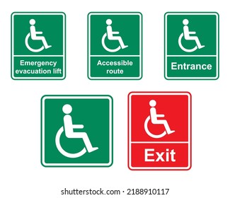 Accessible route - disabled person vector sign - Entrance Disabled persons Only - Emergency evacuation lift