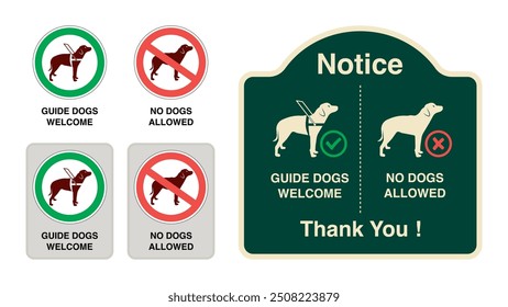 Accessible Signage for Service Animals: Guide Dog Allowed and Welcome Symbols, No Dogs Allowed Designs, ADA Compliant Labels and Sticker Templates. Vector.