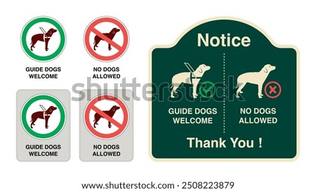 Accessible Signage for Service Animals: Guide Dog Allowed and Welcome Symbols, No Dogs Allowed Designs, ADA Compliant Labels and Sticker Templates. Vector.