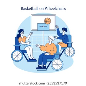 Accessible sports concept. Wheelchair basketball players engaging in an uplifting game. Inclusion, athleticism, and team spirit celebrated. Vector illustration.