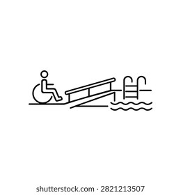 Accessible swimming pool ramp icon with wheelchair user, handrails, ladder and water waves for inclusive water park entry and mobility assistance