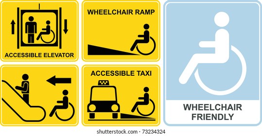 Accessible taxi, elevator, wheelchair ramp, escalator. Wheelchair friendly - set of vector icons. Yellow and black signs, isolated illustrations.
