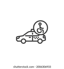 Accessible taxi service line icon. linear style sign for mobile concept and web design. Wheelchair accessible taxi outline vector icon. Symbol, logo illustration. Vector graphics