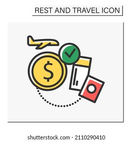 Accessible tourism color icon. Low cost, budget tourism. Inclusive traveling. Travel tours for disability people. Buying plane tickets. Tourism types concept. Isolated vector illustration