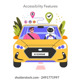 Barrierefreies Verkehrskonzept mit einem Mann und einem Roboterassistenten in einem Smart Car, der durch die Stadt navigiert. Vektorillustration.
