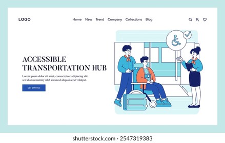 Accessible Transportation Hub concept. A wheelchair user navigates a travel terminal with assistance. Inclusivity in public mobility services. Vector illustration.