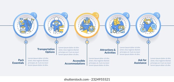 Accessible travel circle infographic template. Trip planning. Data visualization with 5 steps. Editable timeline info chart. Workflow layout with line icons. Lato-Bold, Regular fonts used