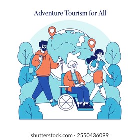 Conceito de viagem acessível. Um grupo diversificado de amigos explorando o mundo, incluindo uma pessoa em cadeira de rodas. Turismo de aventura inclusivo. Ilustração vetorial.