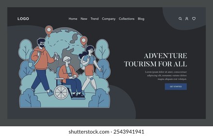 Accessible travel concept. Illustration of diverse friends exploring the world, including a person in a wheelchair. Inclusion in adventure tourism. Vector illustration.