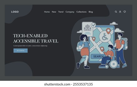 Accessible Travel concept. Illustration showing travelers with disabilities using technology for navigation. Facilitating barrier-free journeys. Vector illustration.