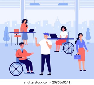 Accessible workplace with employees in wheelchairs. Office worker in wheelchair talking to colleague flat vector illustration. Accessibility concept for banner, website design or landing web page