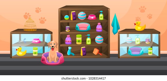 Accessories for animals care, food, cage, etc. Pet store interior with shelves, cabinets and items. Market for animal indoor isolated