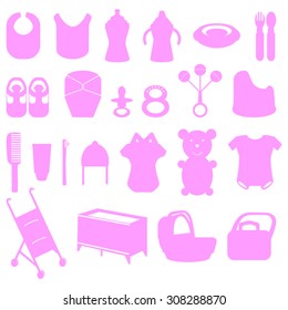 Accessories for babies, pink  icon set 