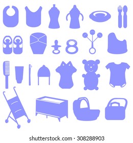 Accessories for baby, blue icon set 
