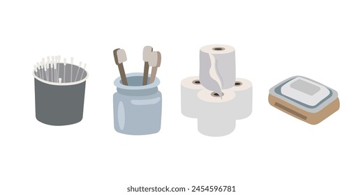 Accessories for bath, shower, toilet and healthcare, vector flat bath icons, soap, toothbrushes, ear sticks, toilet paper, a set of hygiene products for bath and toilet