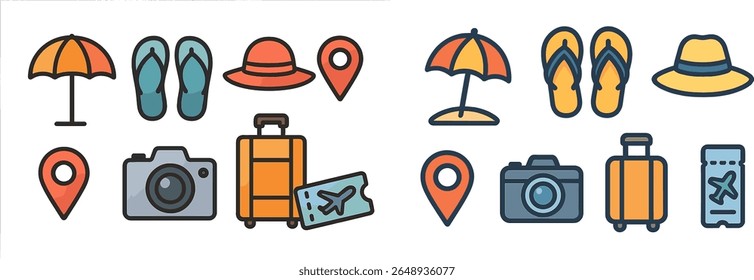 Accessories for a beach getaway are displayed, including flip flops, hats, and umbrellas. Vibrant colors highlight vacation essentials, enhancing the summer vibe.