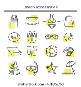 Accessories for a beach holiday. Beach accessories. Linear icons.