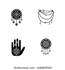 Accessories in boho style black glyph icons set on white space. Witchcraft and esoteric amulets. Dreamcatcher, hand and all seeing eye talismans. Silhouette symbols. Vector isolated illustration