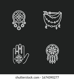 Accessories in boho style chalk white icons set on black background. Palmistry, witchcraft and esoteric amulet. Dreamcatcher, hand and all seeing eye talisman. Isolated vector chalkboard illustrations