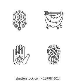 Accessories in boho style pixel perfect linear icons set. Dreamcatcher, hand and all seeing eye talisman. Customizable thin line contour symbols. Isolated vector outline illustrations. Editable stroke