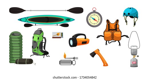 Accessories: canoe, paddle, sleeping bag, flashlight, compass, life jacket, ax, backpack, helmet, fire starter, camping gas stove isolated objects. Bundle for canoeing, kayaking, tourism. Vector