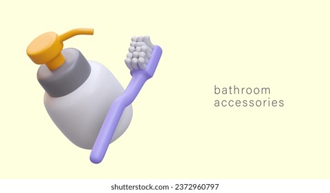 Accesorios para la higiene de los niños. Artículos de baño. Frasco 3D con dispensador, cepillo de dientes. Cartel comercial al estilo de las caricaturas. Lugar para el texto publicitario, logotipo, botón de enlace