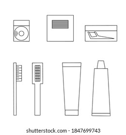accesorios para limpiar dentífrico, cepillo, hilo dental, palillos dentarios, dibujo en blanco y negro flotante, símbolos