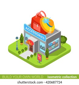 Accessories clothes clothing fashion boutique shop bag hat shape building realty real estate concept. Flat 3d isometry isometric style web app icon vector illustration. Build your own world collection