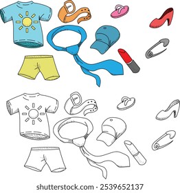 Vector, zapato, corbata, pantalones cortos, lápiz labial, sombrero o gorra, cinturón e ilustración de aguja, tipo de Vector de contorno, versión 2, libro o página para colorear