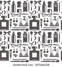 Accessories and clothes for women, wrist watch and perfume in bottle, brushes and makeup. Glasses and earrings, underwear lace bra. Seamless pattern background or print. Vector in flat style