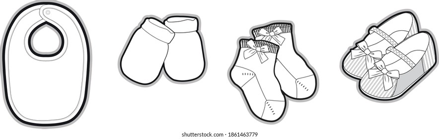 Newborn’s accessories collection socks, shoes, bibs and heats basic set of technical sketches for babies
