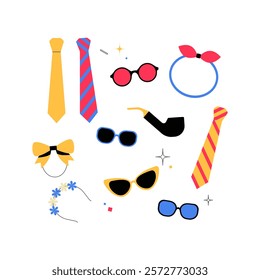 Accessories Collection With Ties, Sunglasses, And Headbands In Flat Vector Illustration Symbolizing Fashion And Style, Isolated On White Background.