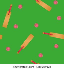 Accessories for cricket. Bat, ball on a green background. Seamless bright vector pattern.