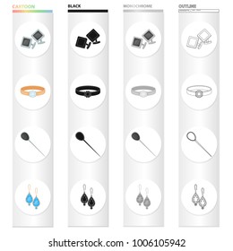 Accessories cufflinks, ring with a stone, hair clip, earrings. Accessories and jewelry set collection icons in cartoon black monochrome outline style vector symbol stock illustration web.