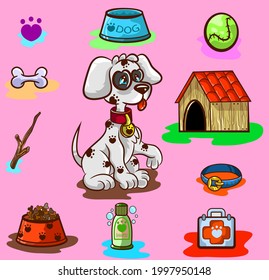 with its accessories the cute little puppy plays happily.
Water bowl, ball, doghouse, rubber bones, and kits for the treatment of the puppy.
Vectorized image, vector isolated and colored