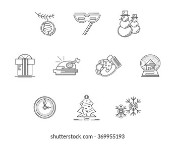 Accessories and decorations for winter party. Merry Christmas and Happy New Year. Set of flat line vector icons. Elements of web design for business, website or mobile app.