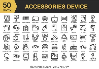 Accessories Device icon set. Includes device, technology, equipment, digital, accessory, gadget, and More. Outline icons vector collection.