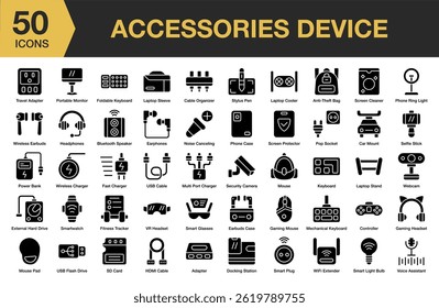 Accessories Device solid icon set. Includes device, technology, equipment, digital, accessory, gadget, and More. Solid icons vector collection.
