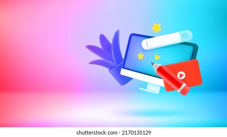 Accessories of digital artist. Vector 3d banner with copy space