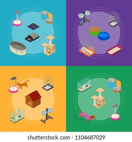 Accessories for Domestic Pets Banner Card Set Care Animal Isometric View Equipment for Dog and Cat. Vector illustration for pet shop