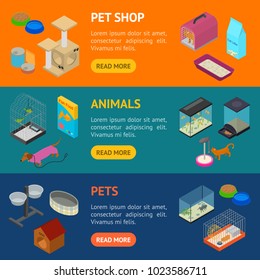Accessories for Domestic Pets Banner Horizontal Set Care Animal Isometric View Equipment for Dog and Cat. Vector illustration for pet shop