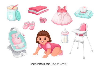 Accessories and equipment set for newborn baby girl vector illustration. Cartoon isolated nursery decoration and supplies collection with milk bottle and pacifier, pink dress and shoes, tissue