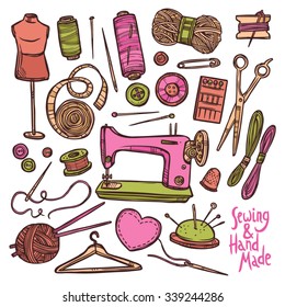 Accessories And Equipment For Sewing. Color Sketch Hand Drawn Set