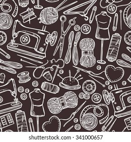 Accessories And Equipment For Sewing. Sketch Hand Drawn Set On Chalkboard