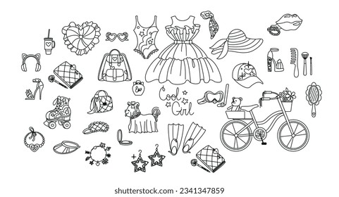 Accessories of a fashionable girl and beautiful lifestyle. Set of icons. Monochrome.