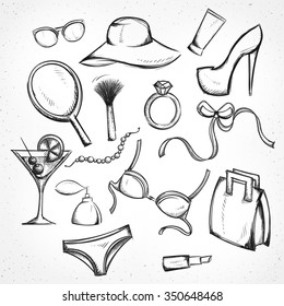 Accessories of female set monochrome sketch. Imitation  pen.  