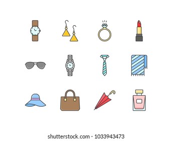 Accessories flat line colored icons set with watch, earrings, diamond ring, lipstick, sunglasses, tie, scarf, female hat, bag, umbrella, perfume.