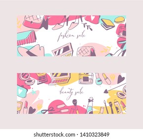 Accessories for girls banners vetor illustration. Woman stuff flyer with sales for shops and beauty salons. Fashion, elegance. Cosmetics toiletry bags shoes hat mascara, eye shadows.